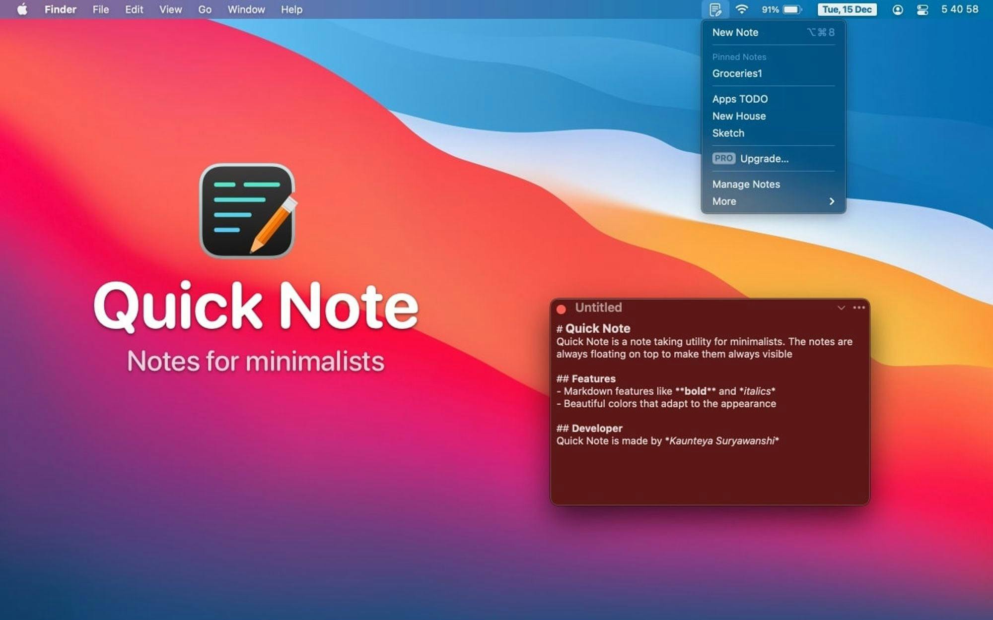 Image presenting preview of the Quick Note MacOS app